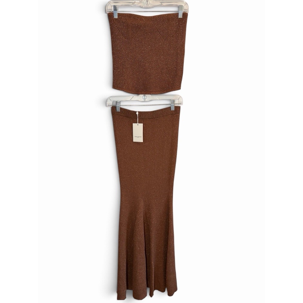 Amanda Uprichard 2 Piece Metallic Knit Maxi Skirt Strapless Top Set Brown M NWT